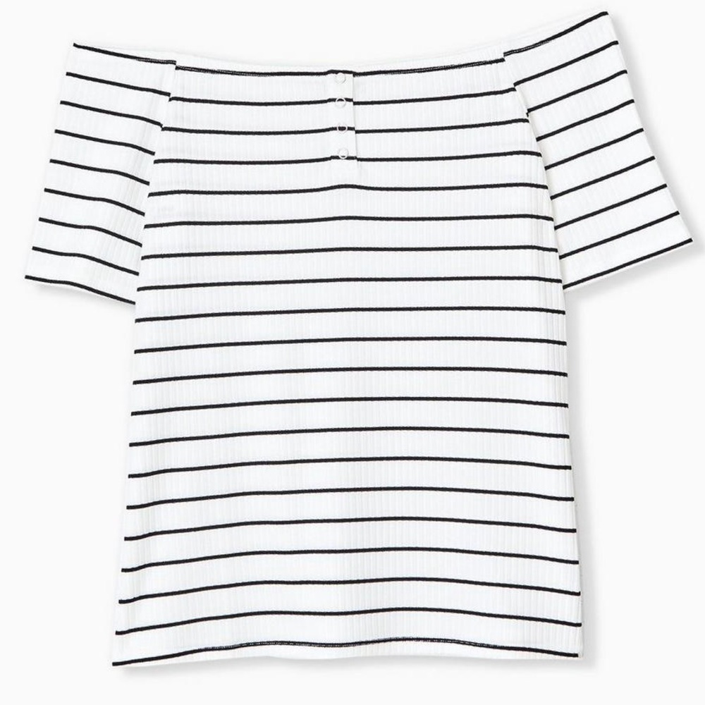 TORRID 1 Plus Size White Black Stripe Ribbed Off-Shoulder Henley Short Sleeve 1X - Picture 4 of 14